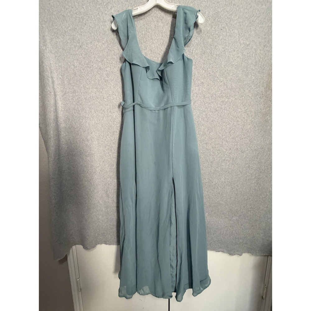 Azazie Dress Womens 14 Blue Ruffle V Neck Chiffon Maxi A Line Bridesmaid Formal
